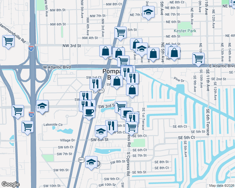 map of restaurants, bars, coffee shops, grocery stores, and more near 199 Southwest 3rd Street in Pompano Beach