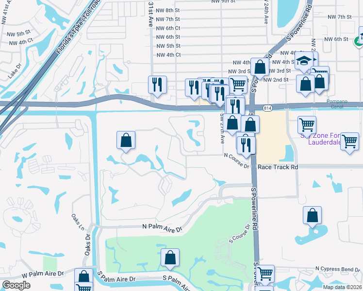 map of restaurants, bars, coffee shops, grocery stores, and more near 2803 North Course Drive in Pompano Beach