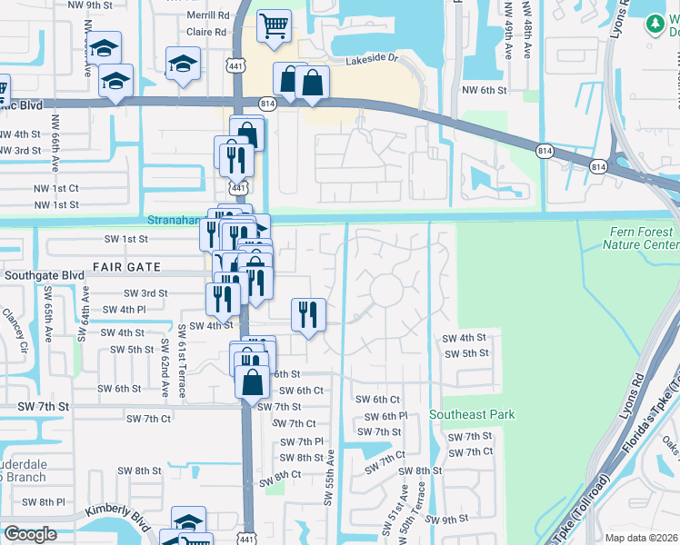 map of restaurants, bars, coffee shops, grocery stores, and more near 282 North Cortez Drive in Margate