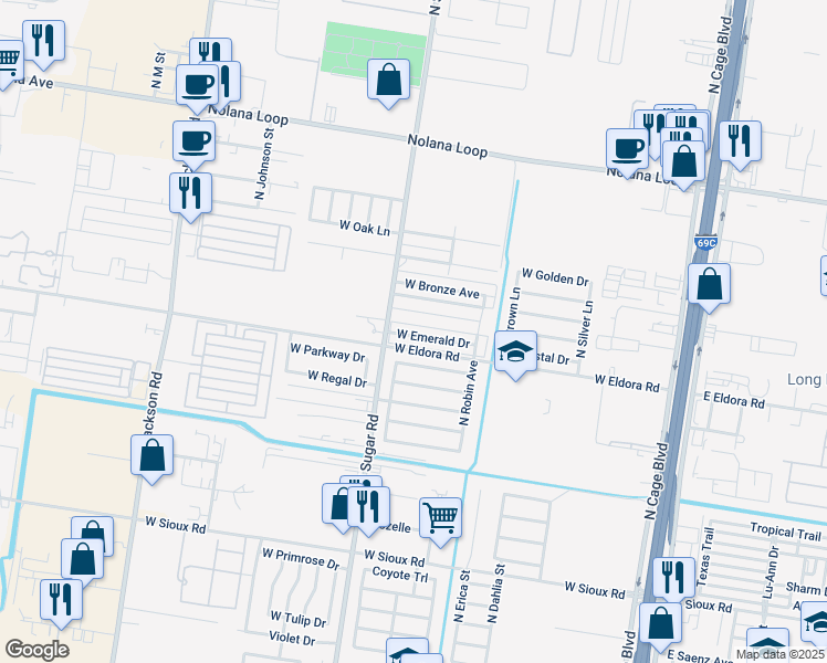 map of restaurants, bars, coffee shops, grocery stores, and more near 814 West Bluebird Avenue in Pharr