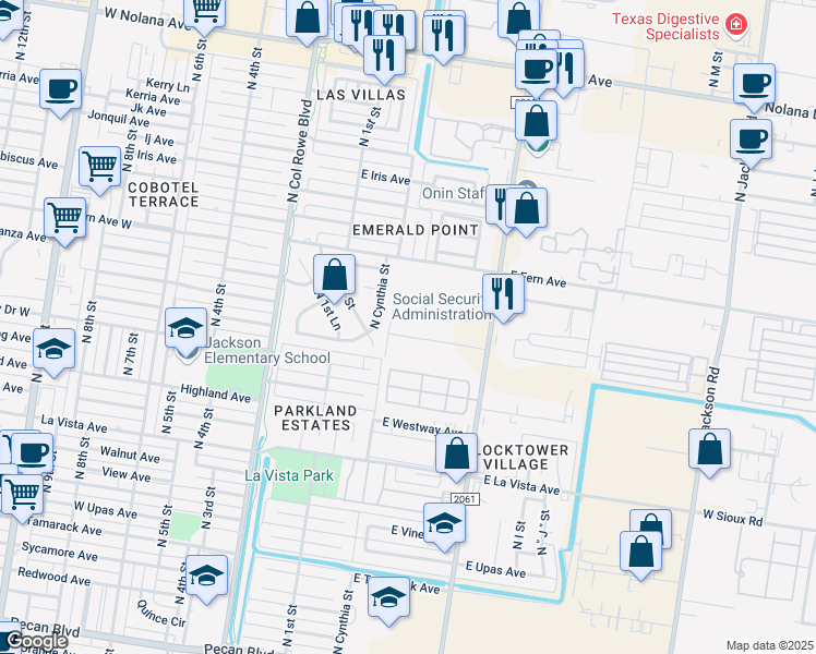 map of restaurants, bars, coffee shops, grocery stores, and more near 500 East Camellia Avenue in McAllen