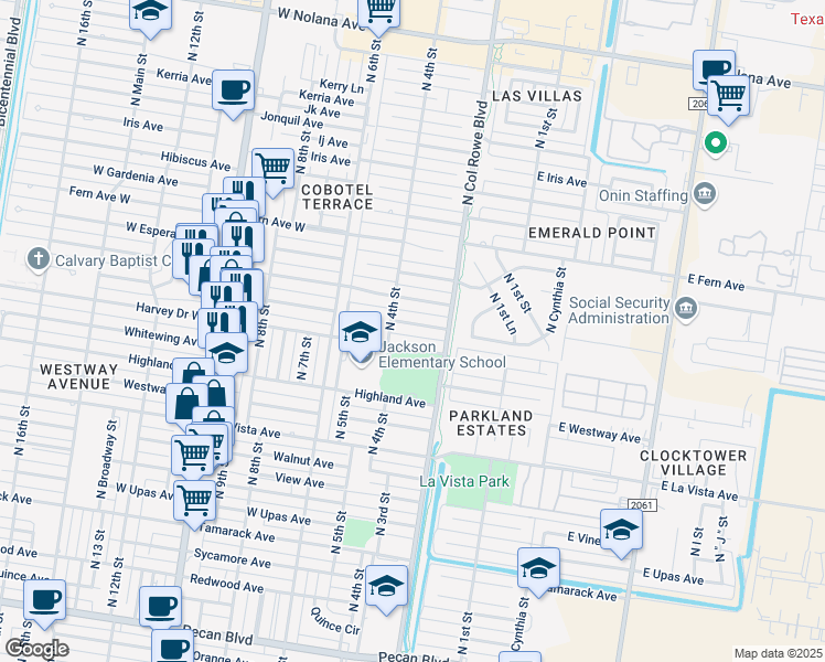 map of restaurants, bars, coffee shops, grocery stores, and more near 306 Harvey Street in McAllen