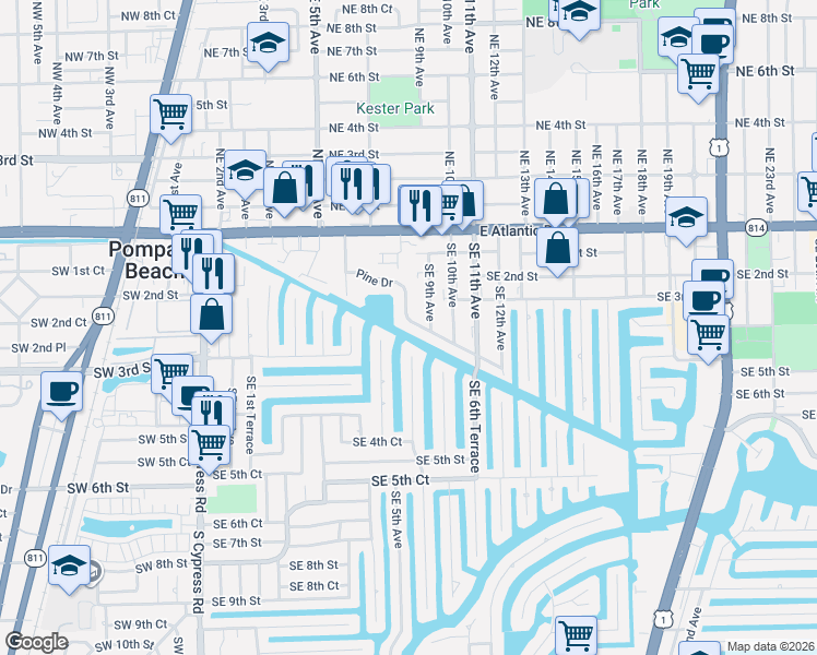 map of restaurants, bars, coffee shops, grocery stores, and more near 270 Southeast 5th Terrace in Pompano Beach