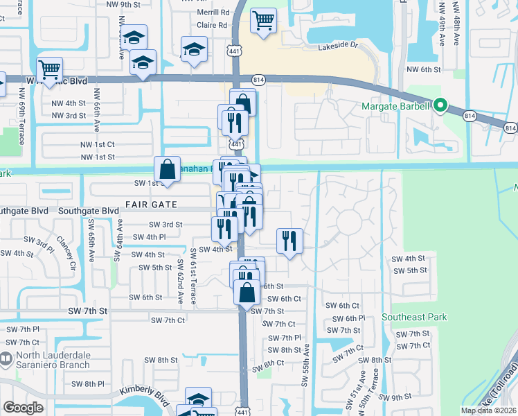 map of restaurants, bars, coffee shops, grocery stores, and more near 316 South State Road 7 in Margate