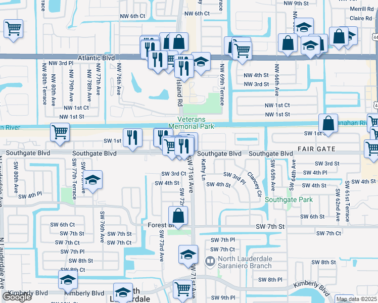 map of restaurants, bars, coffee shops, grocery stores, and more near Rock Island Rd & Southgate Blvd in Margate