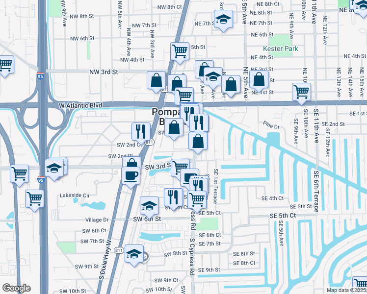 map of restaurants, bars, coffee shops, grocery stores, and more near 21 Southwest 3rd Street in Pompano Beach