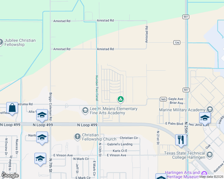 map of restaurants, bars, coffee shops, grocery stores, and more near 461-473 Windgate Lane in Harlingen