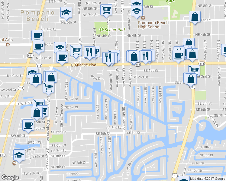 map of restaurants, bars, coffee shops, grocery stores, and more near 301 Southeast 10th Avenue in Pompano Beach