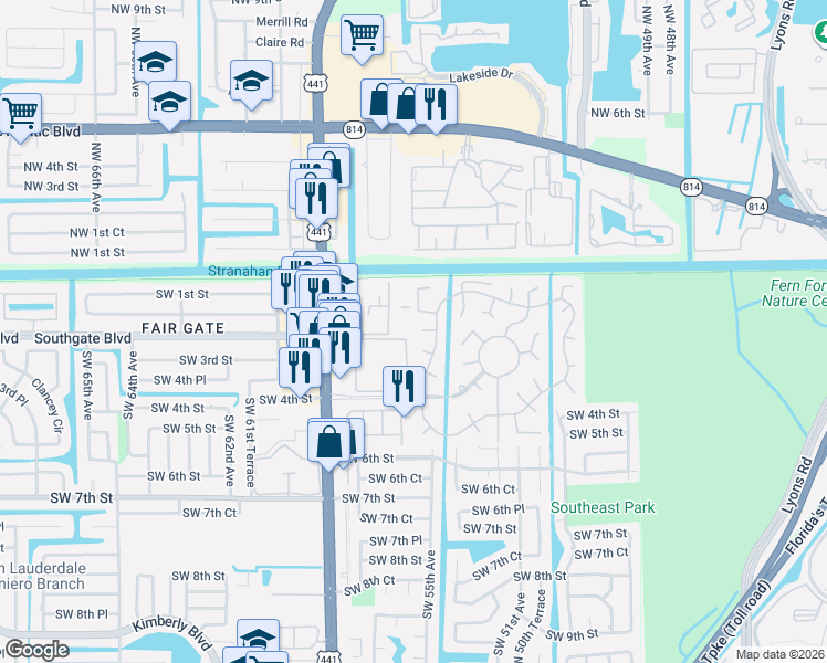 map of restaurants, bars, coffee shops, grocery stores, and more near 232 North Cortez Drive in Margate