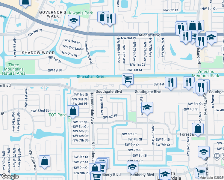 map of restaurants, bars, coffee shops, grocery stores, and more near 7901 Southgate Boulevard in North Lauderdale