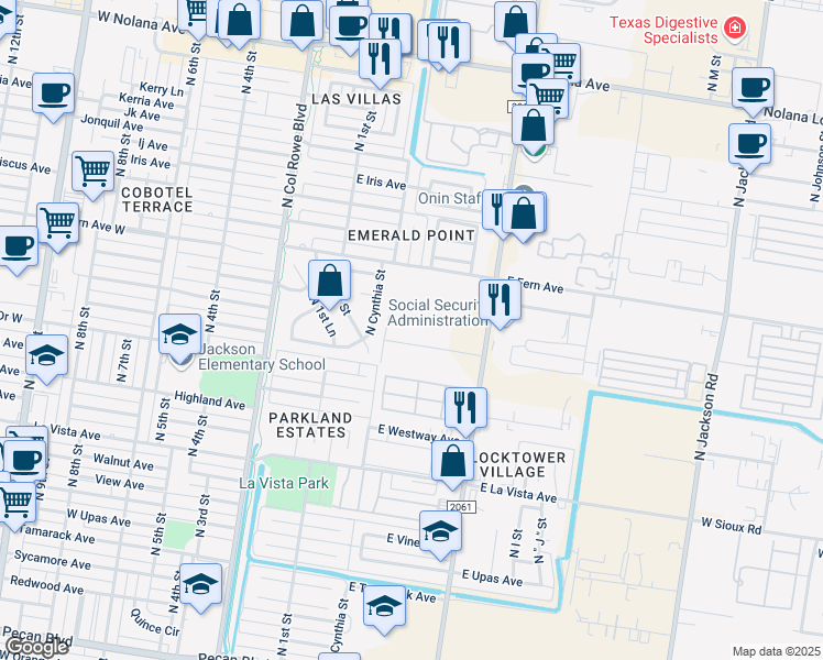 map of restaurants, bars, coffee shops, grocery stores, and more near 3001 North McColl Road in McAllen