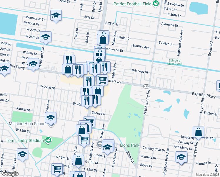 map of restaurants, bars, coffee shops, grocery stores, and more near 400 East Griffin Parkway in Mission