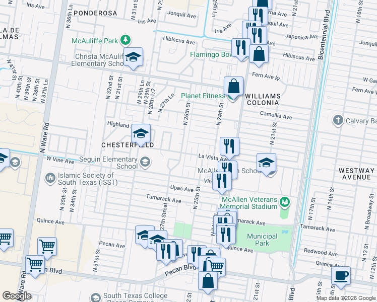 map of restaurants, bars, coffee shops, grocery stores, and more near 2508 North 26th Street in McAllen