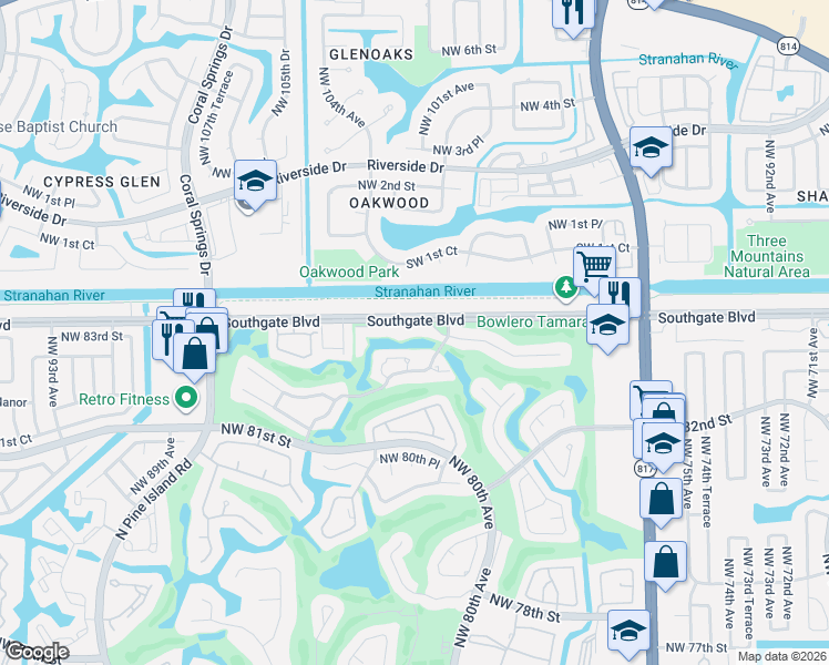 map of restaurants, bars, coffee shops, grocery stores, and more near 8180 Northwest 83rd Street in Tamarac
