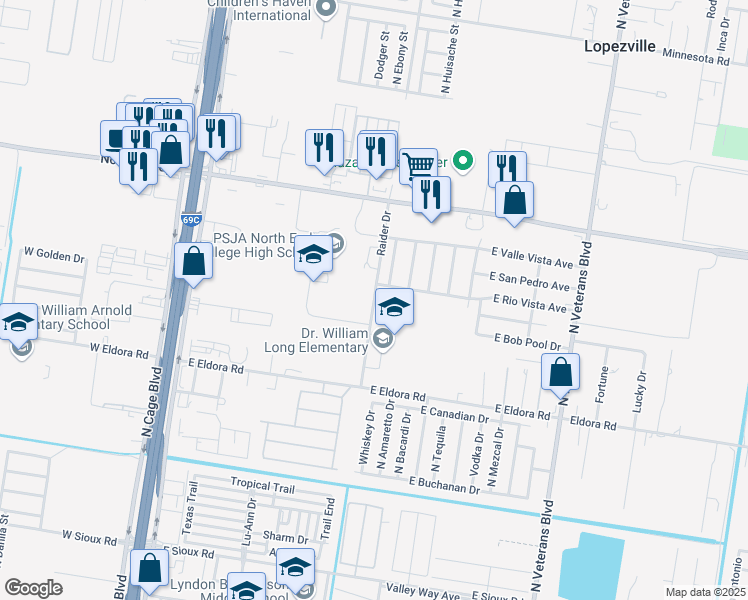 map of restaurants, bars, coffee shops, grocery stores, and more near Raider Drive in Pharr