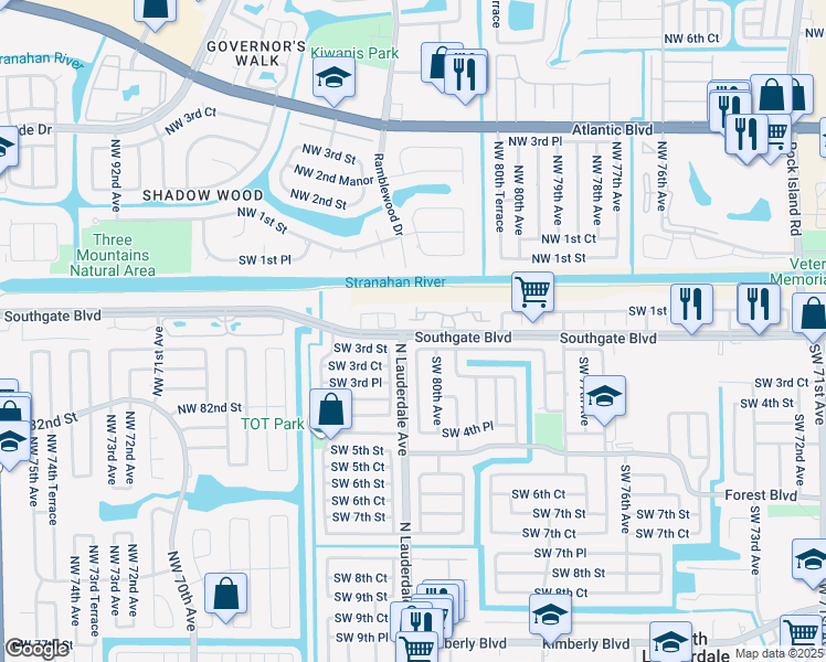 map of restaurants, bars, coffee shops, grocery stores, and more near 8061 Southgate Boulevard in North Lauderdale