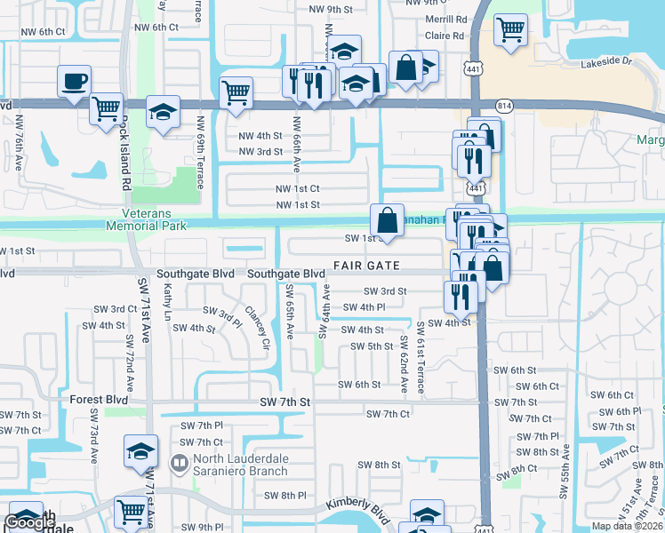 map of restaurants, bars, coffee shops, grocery stores, and more near 6331 Southgate Boulevard in Margate