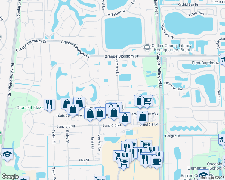 map of restaurants, bars, coffee shops, grocery stores, and more near 6725 Yarberry Lane in Naples