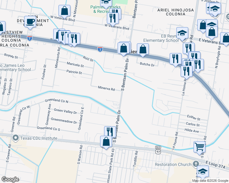map of restaurants, bars, coffee shops, grocery stores, and more near 104 Minerva Road in Mission
