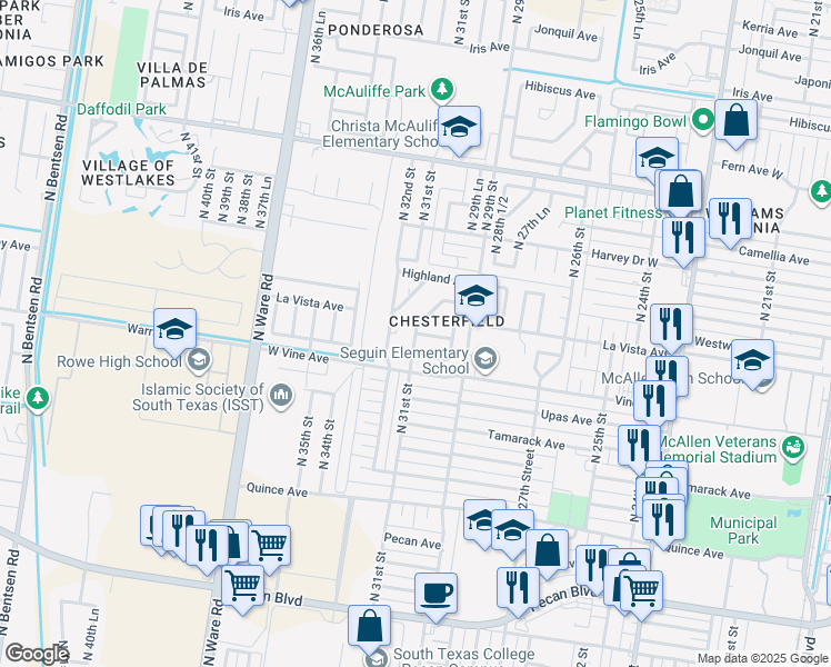 map of restaurants, bars, coffee shops, grocery stores, and more near 2421 North 31st Street in McAllen