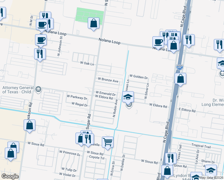 map of restaurants, bars, coffee shops, grocery stores, and more near 801 West Bronze Drive in Pharr