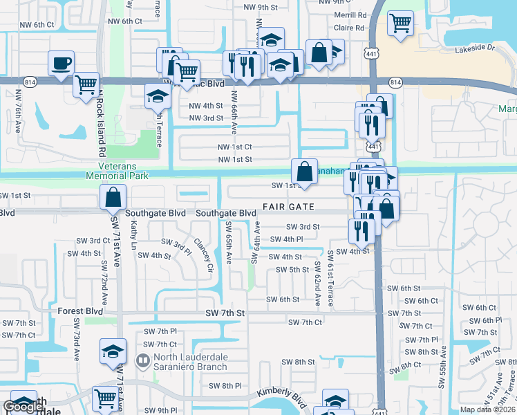 map of restaurants, bars, coffee shops, grocery stores, and more near 6351 Southwest 2nd Street in Margate