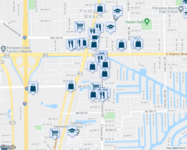 map of restaurants, bars, coffee shops, grocery stores, and more near in Pompano Beach