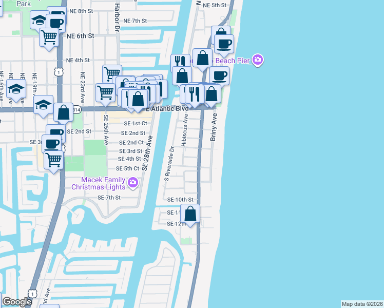 map of restaurants, bars, coffee shops, grocery stores, and more near 316 Hibiscus Avenue in Pompano Beach