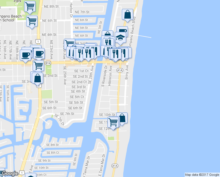 map of restaurants, bars, coffee shops, grocery stores, and more near 316 Hibiscus Avenue in Pompano Beach