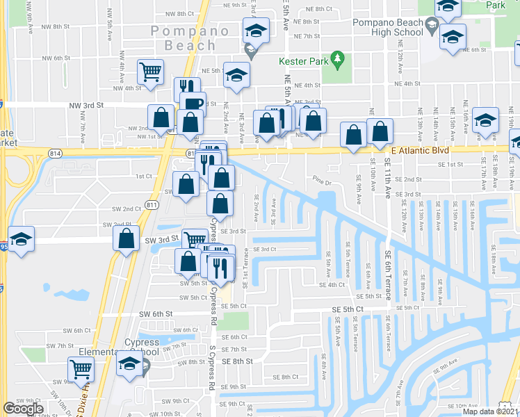 map of restaurants, bars, coffee shops, grocery stores, and more near 219 Southeast 2nd Avenue in Pompano Beach
