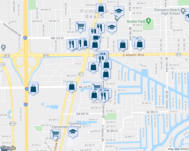 map of restaurants, bars, coffee shops, grocery stores, and more near in Pompano Beach