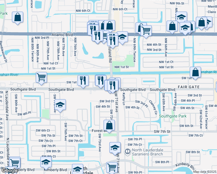 map of restaurants, bars, coffee shops, grocery stores, and more near 160 Southwest 72nd Terrace in Margate
