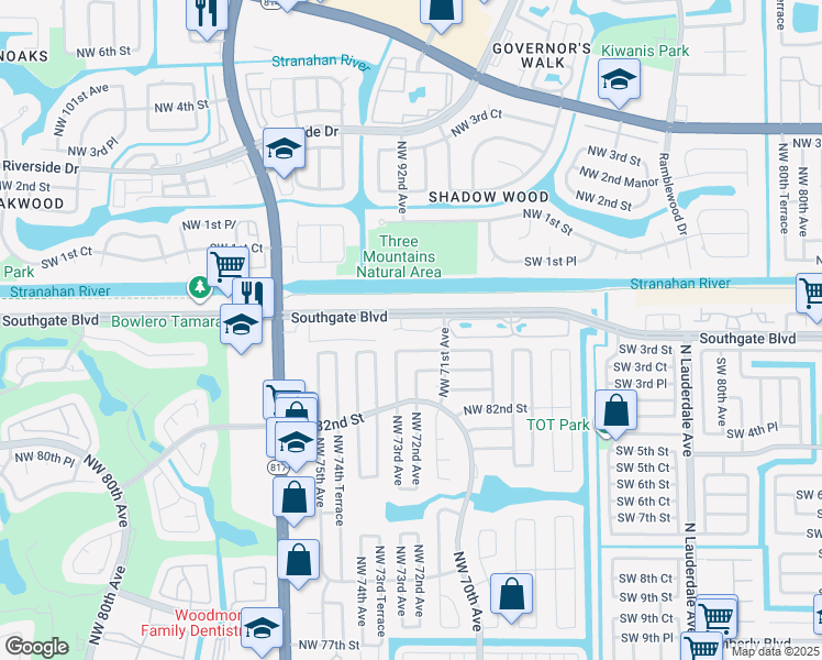 map of restaurants, bars, coffee shops, grocery stores, and more near 7164 Southgate Boulevard in Tamarac