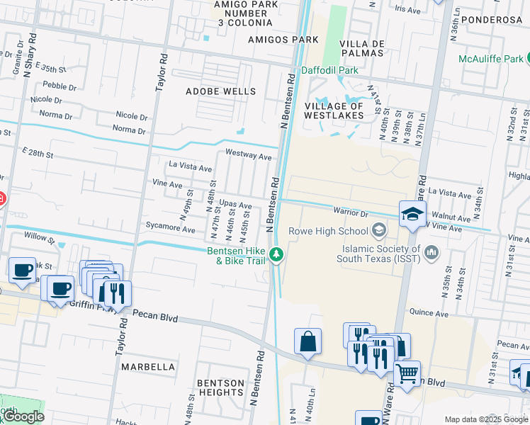 map of restaurants, bars, coffee shops, grocery stores, and more near 2202 North 44th Lane in McAllen