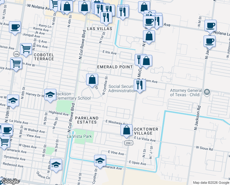 map of restaurants, bars, coffee shops, grocery stores, and more near 401 East Camellia Avenue in McAllen