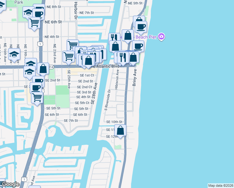 map of restaurants, bars, coffee shops, grocery stores, and more near 316 Hibiscus Avenue in Pompano Beach