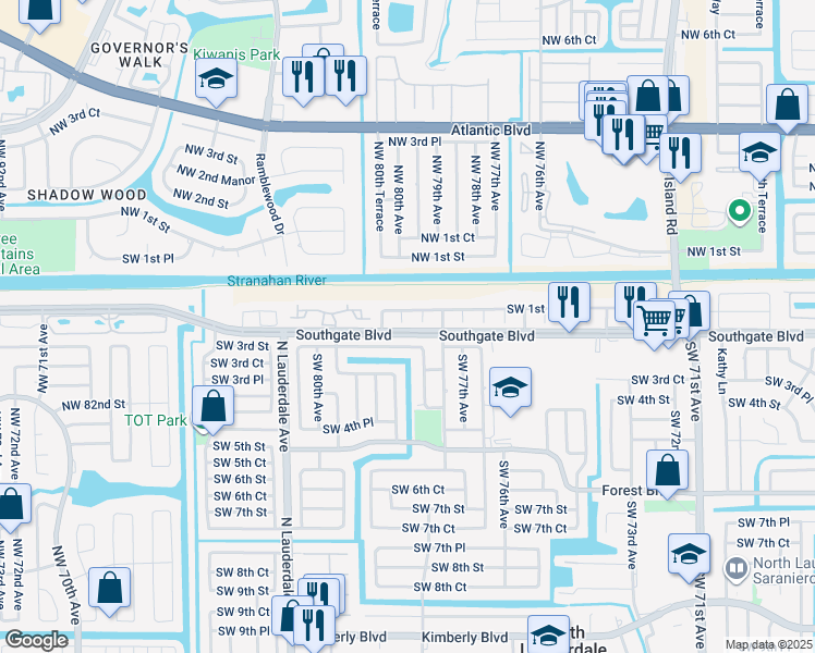 map of restaurants, bars, coffee shops, grocery stores, and more near 7841 Southwest 1st Street in Margate