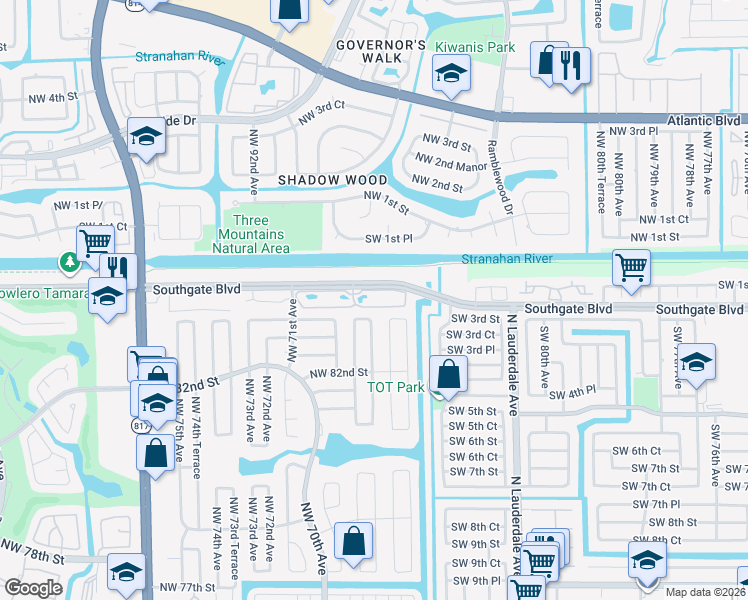 map of restaurants, bars, coffee shops, grocery stores, and more near 6860 Southgate Boulevard in Tamarac
