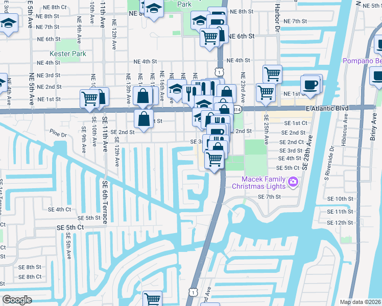 map of restaurants, bars, coffee shops, grocery stores, and more near 1851 Southeast 4th Street in Pompano Beach