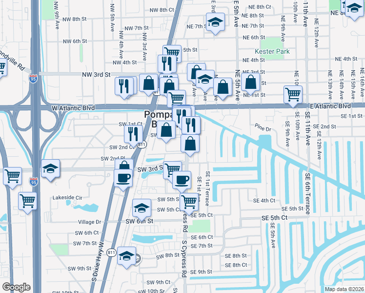 map of restaurants, bars, coffee shops, grocery stores, and more near 257 South Cypress Road in Pompano Beach