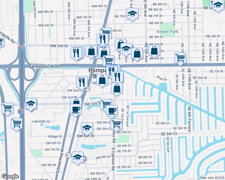 map of restaurants, bars, coffee shops, grocery stores, and more near 259 South Cypress Road in Pompano Beach
