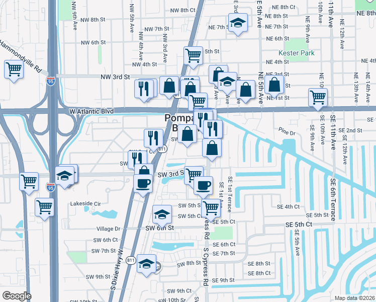 map of restaurants, bars, coffee shops, grocery stores, and more near in Pompano Beach