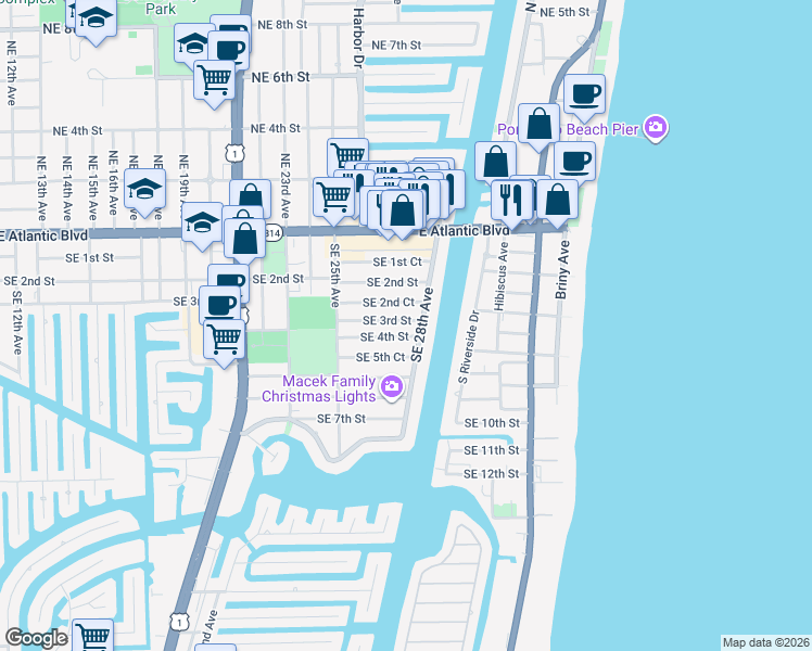 map of restaurants, bars, coffee shops, grocery stores, and more near 285 Southeast 28th Avenue in Pompano Beach