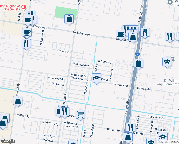 map of restaurants, bars, coffee shops, grocery stores, and more near 3800 North Robin Avenue in Pharr