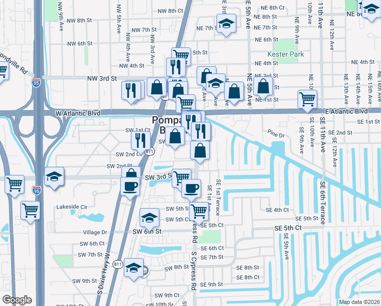 map of restaurants, bars, coffee shops, grocery stores, and more near 259 South Cypress Road in Pompano Beach
