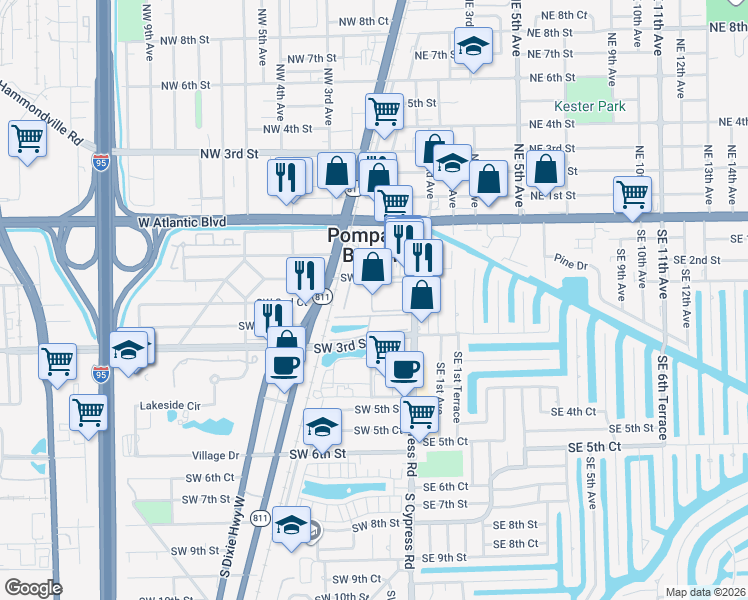 map of restaurants, bars, coffee shops, grocery stores, and more near 253 South Cypress Road in Pompano Beach