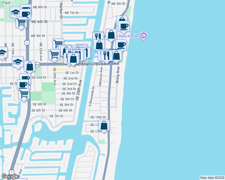 map of restaurants, bars, coffee shops, grocery stores, and more near 2 Southeast 4th Street in Pompano Beach