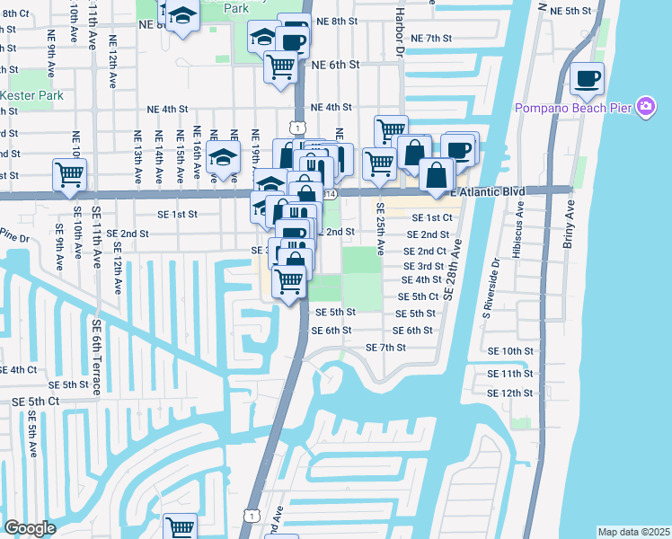 map of restaurants, bars, coffee shops, grocery stores, and more near 300-302 Northeast 22nd Avenue in Pompano Beach