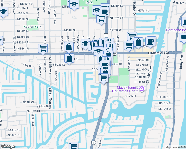 map of restaurants, bars, coffee shops, grocery stores, and more near 371 South Federal Highway in Pompano Beach