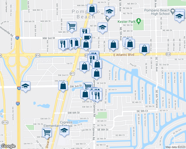 map of restaurants, bars, coffee shops, grocery stores, and more near 259 South Cypress Road in Pompano Beach